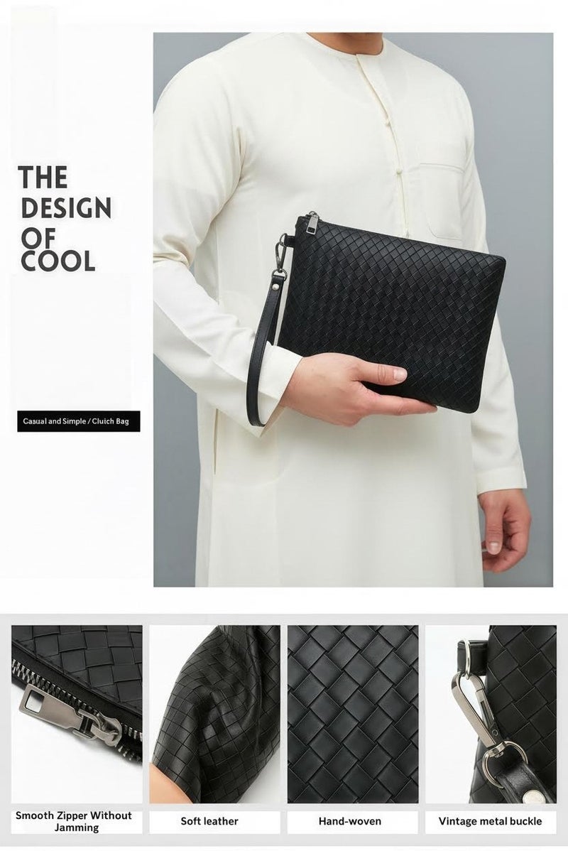 maffick Men’s Hand-Woven Soft Leather Clutch Bag - Luxury Business Wristlet with Zipper Divider - Available in small (24cm) Size - Black - Image 3